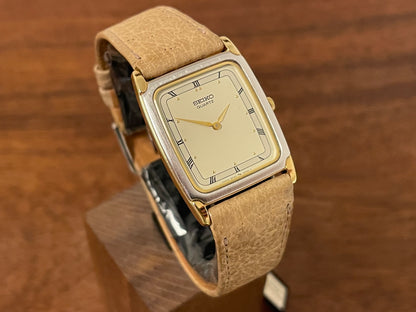 (1995) Seiko 5P30-5020 quartz "Tank" dress watch - bi-color case - beige dial w/ Roman numerals (NOS)