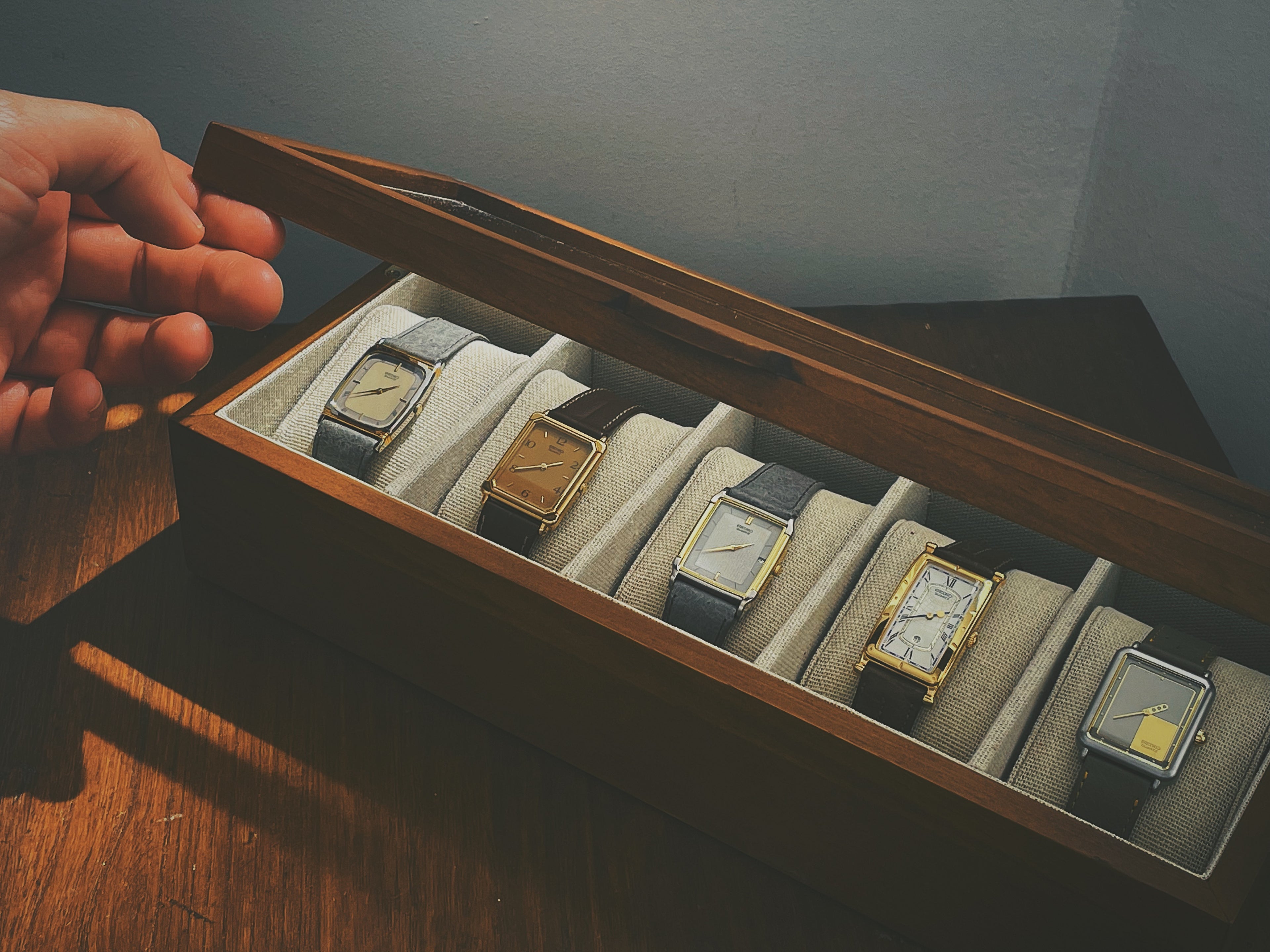 Vintage Seiko Tank watches in display box
