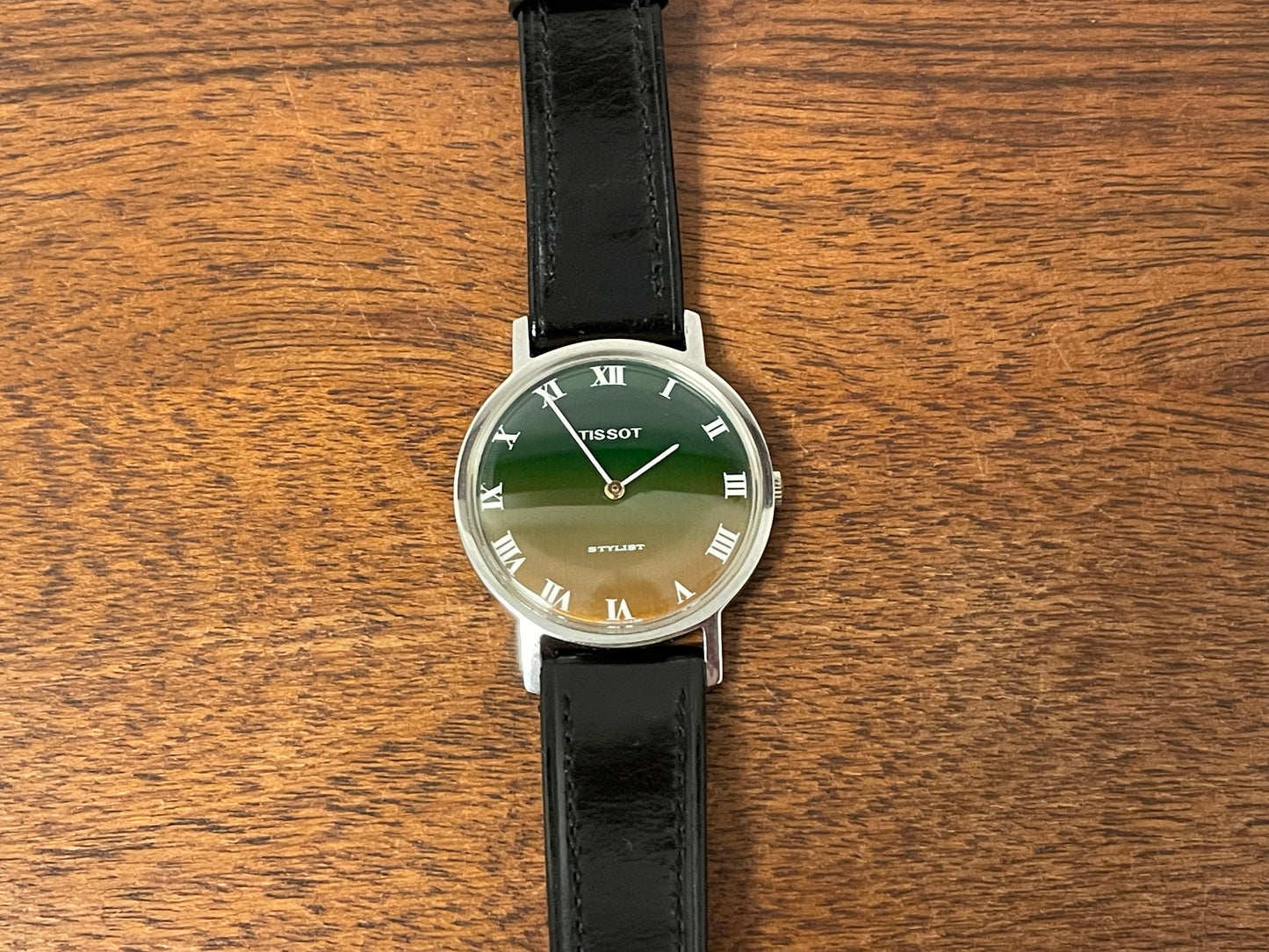 (1970s) Tissot 41070 Stylist dress watch - silver case - brushed green/orange gradient dial w/ white Roman numerals (NOS)
