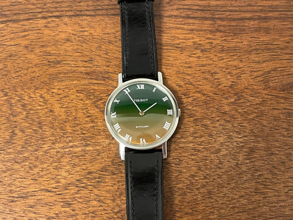 (1970s) Tissot 41070 Stylist dress watch - silver case - brushed green/orange gradient dial w/ white Roman numerals (NOS)