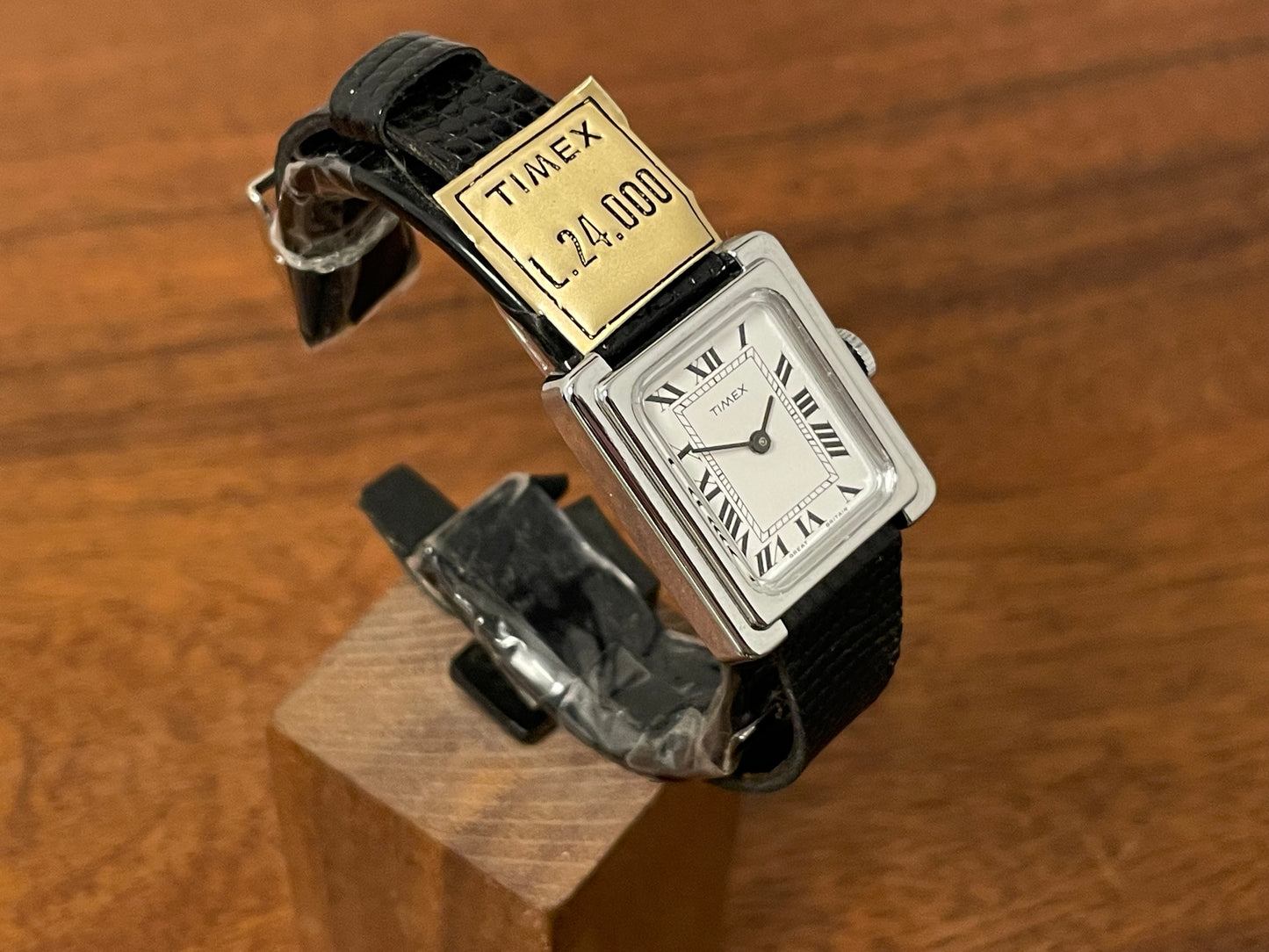 (1970s) Timex "Tank" dress watch - silver case - white dial w/ Roman numerals - small size (NOS)