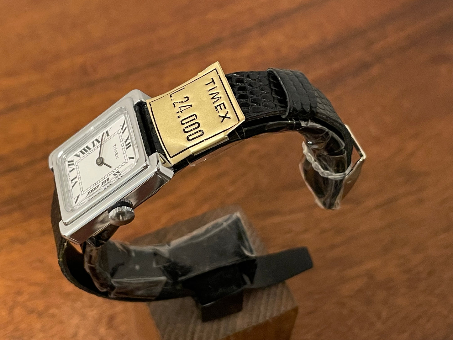 (1970s) Timex "Tank" dress watch - silver case - white dial w/ Roman numerals - small size (NOS)