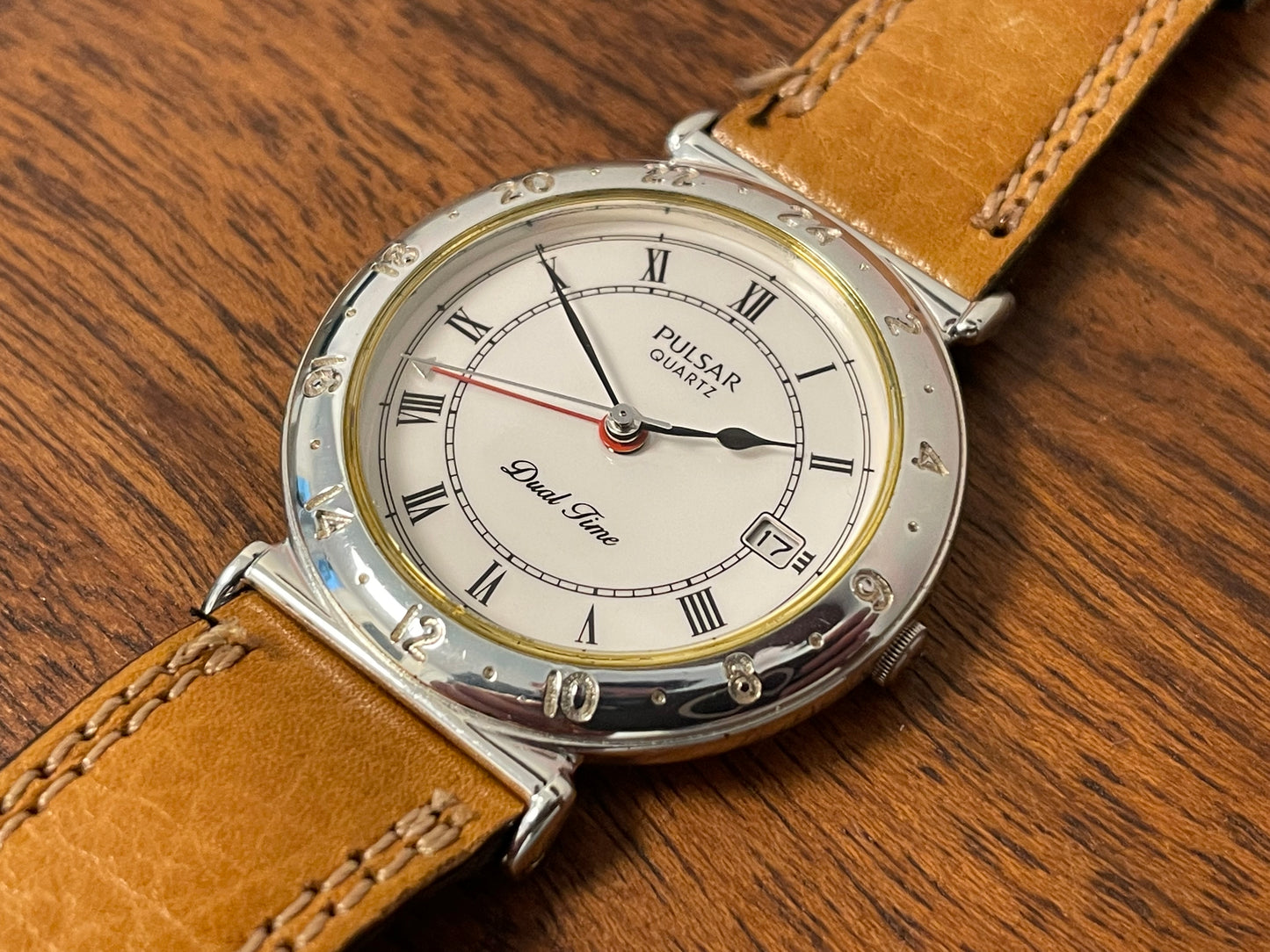 (1988) Pulsar V339-6000 GMT  “Dual Time” dress watch - white dial w/ Roman numerals (NOS)