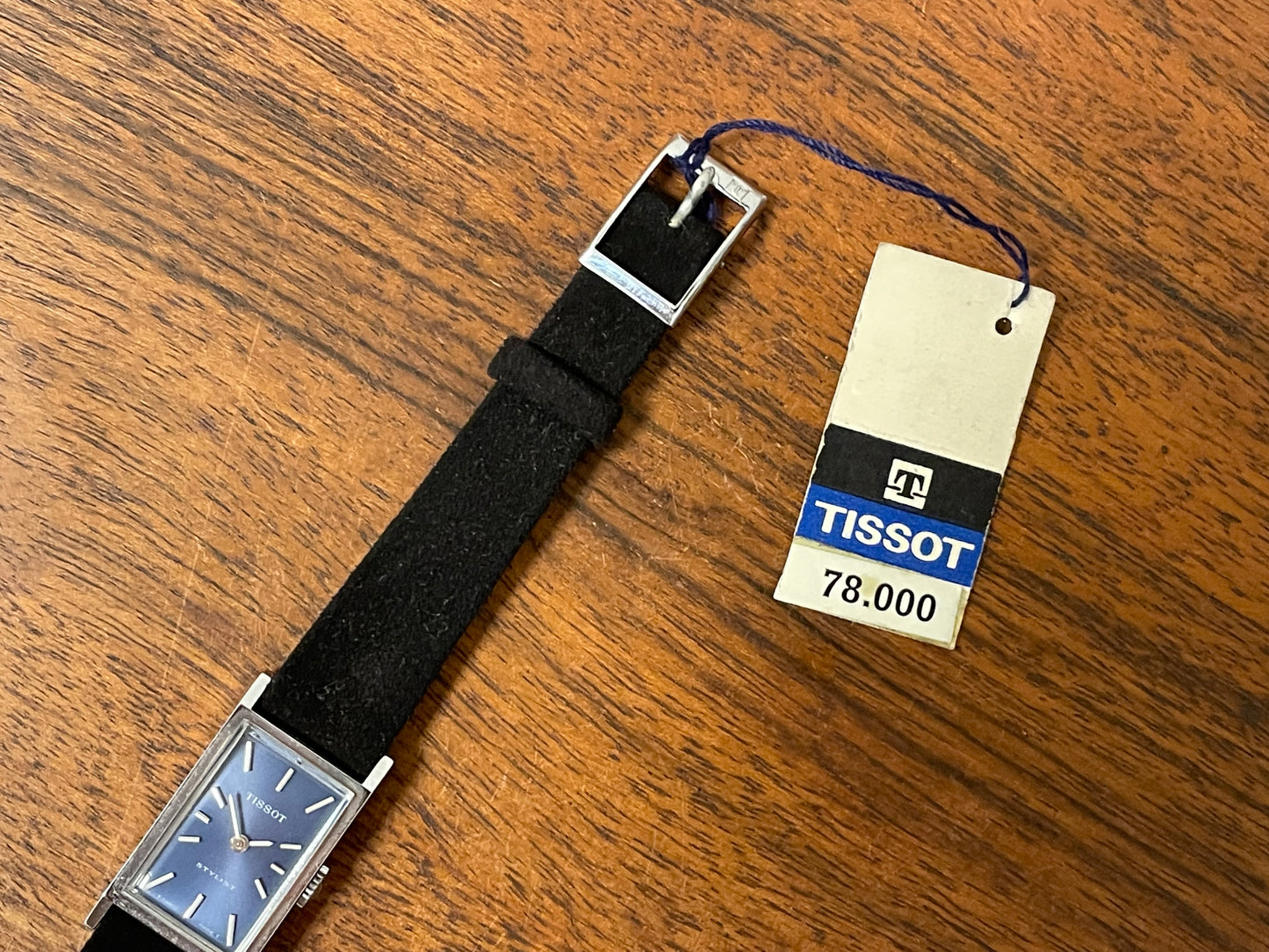 (1970s) Tissot 10676 Stylist “Tank” dress watch - blue sunburst dial w/ silver stick markers - small size (NOS)