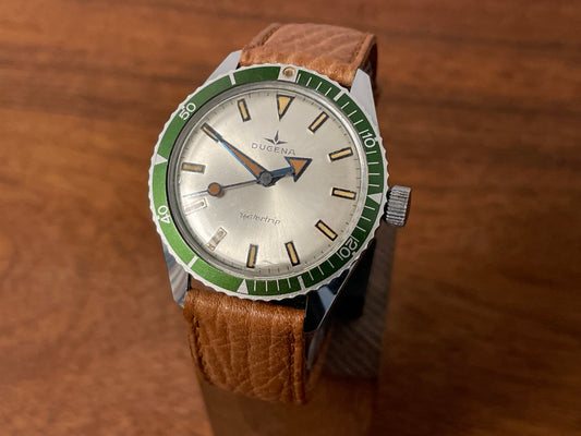 (1970s) Dugena Watertrip "Kermit" diver - green bezel - silver sunburst dial
