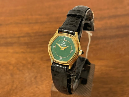 Front side (1970s) Certina 6797 dress watch - gold plated 10M case - green dial w/ diamond markers - small size (NOS)