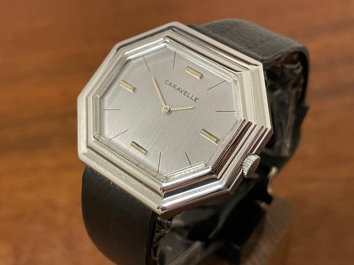(1974) Caravelle dress watch - octagon case - brushed silver dial w/ stick markers (mint)
