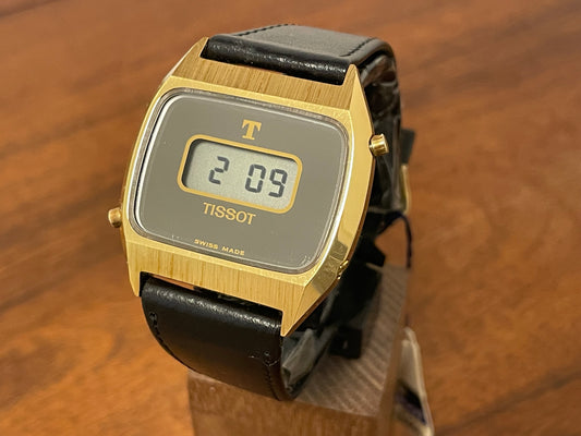 Front side (1970s) Tissot 652-95010 cal. 4012 digital watch  - gold case - mirror dial w/ LCD (NOS)