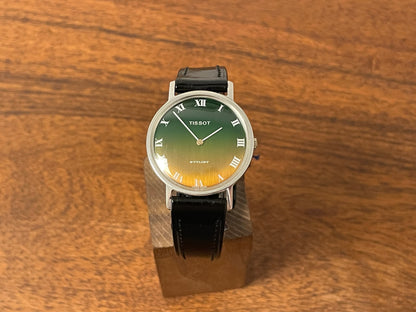 (1970s) Tissot 41070 Stylist dress watch - silver case - brushed green/orange gradient dial w/ white Roman numerals (NOS)