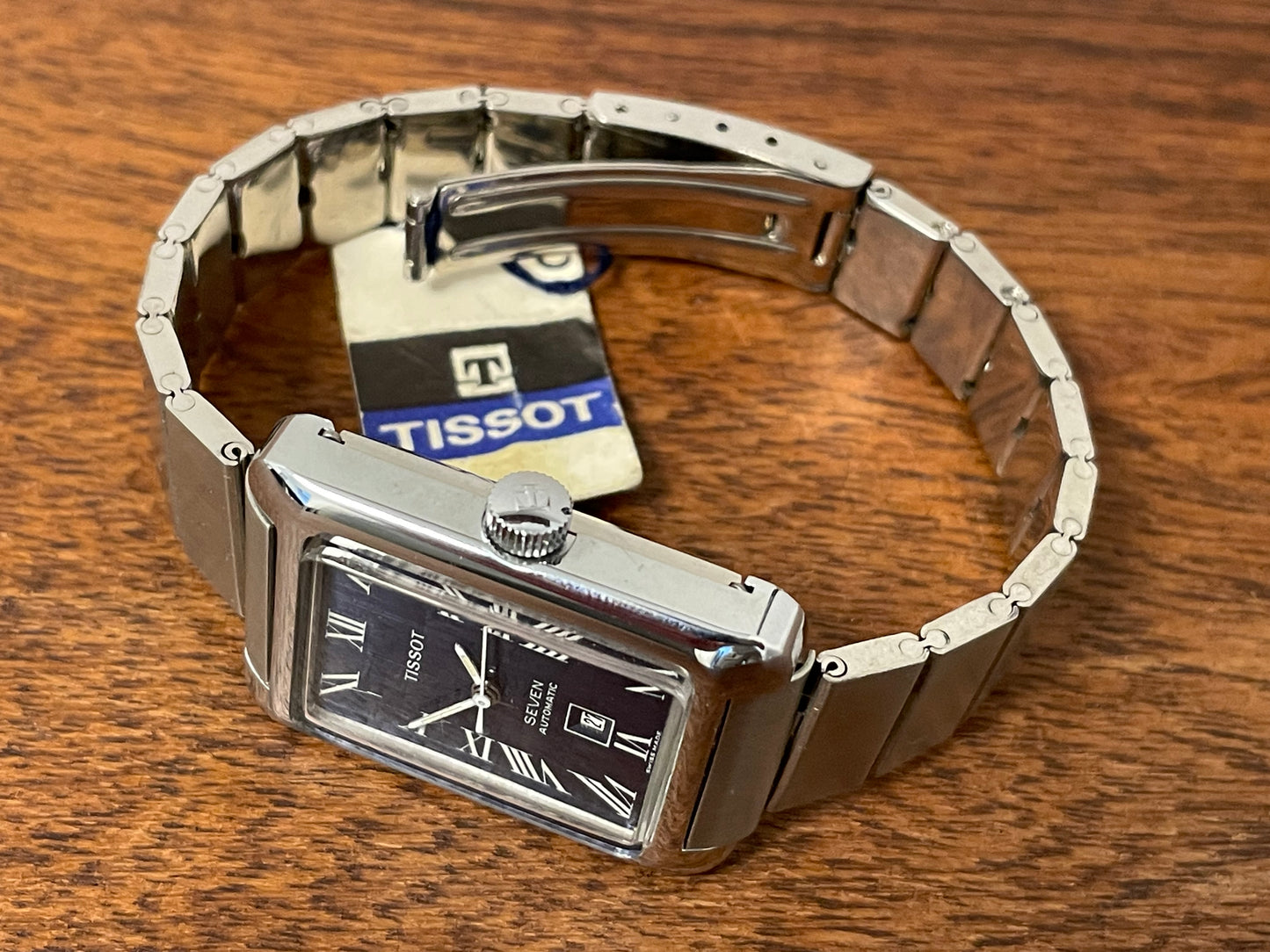 (1970s) Tissot Seven automatic "Tank" on bracelet - lavender abstract graphic dial w/ white Roman numerals (NOS)