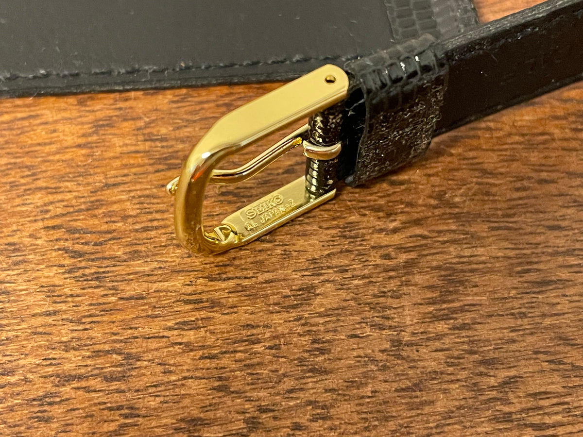 20mm Seiko black Lizzard print calf leather w/ gold buckle - vintage (NOS)