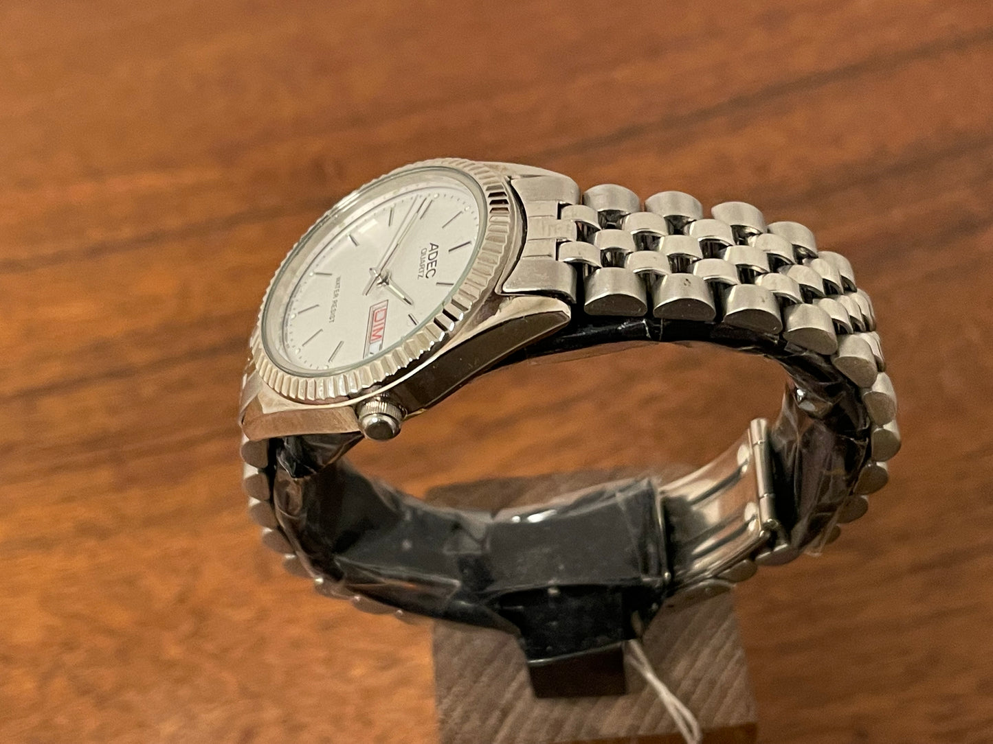 (1980) ADEC (by Citizen) "Day-Date" - fluted bezel - silver dial w/ stick markers - small size (NOS)