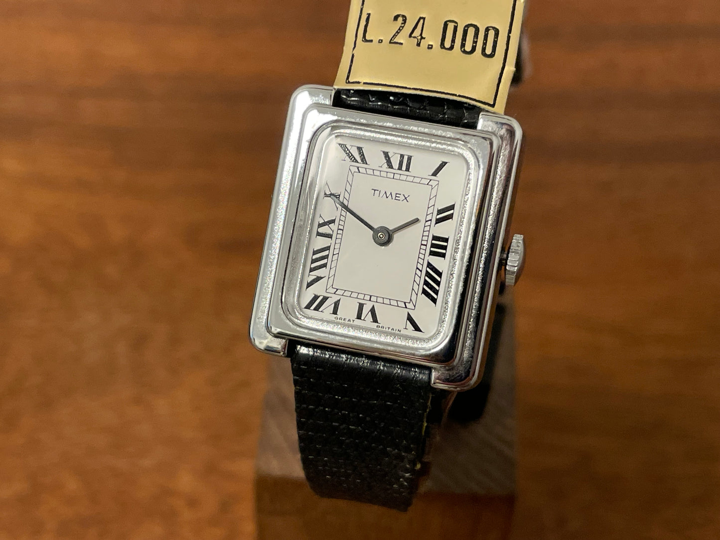 (1970s) Timex "Tank" dress watch - silver case - white dial w/ Roman numerals - small size (NOS)