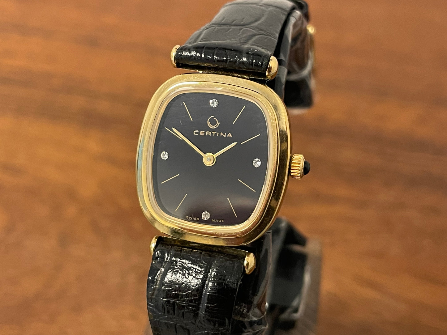 (1970s) Certina 706SP dress watch - gold plated case - black dial w/ diamond markers - small size (NOS)