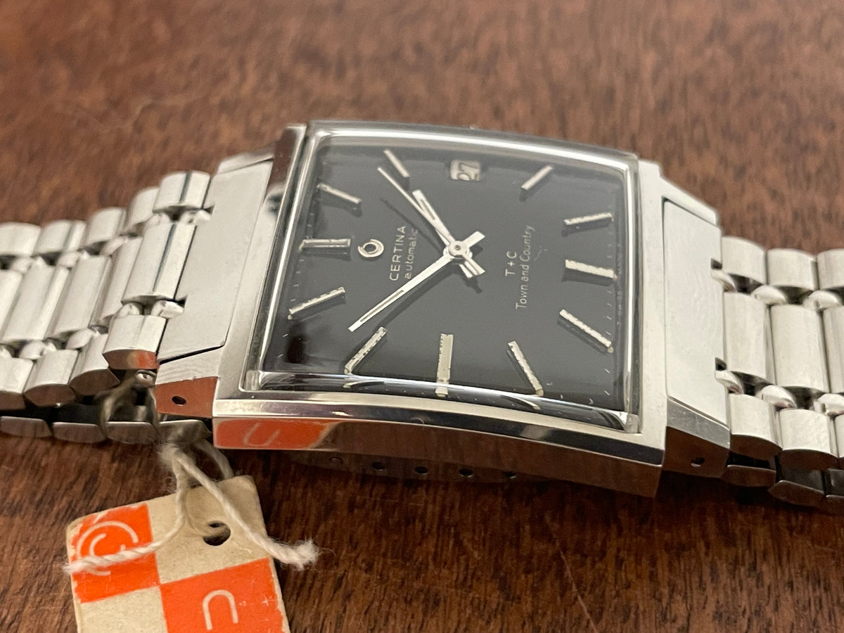 (1960s) Certina 5301.115 Town & Country - bracelet - square case - black dial w/ silver markers (NOS)