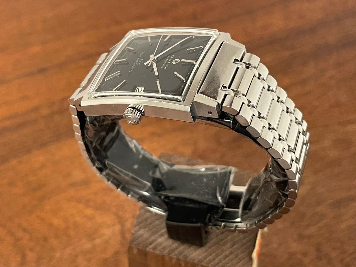 (1960s) Certina 5301.115 Town & Country - bracelet - square case - black dial w/ silver markers (NOS)