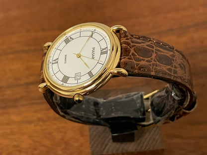 (2000) Pulsar V532-8A60 dress watch - gold colored case - white dial w/ black Roman numerals (NOS)