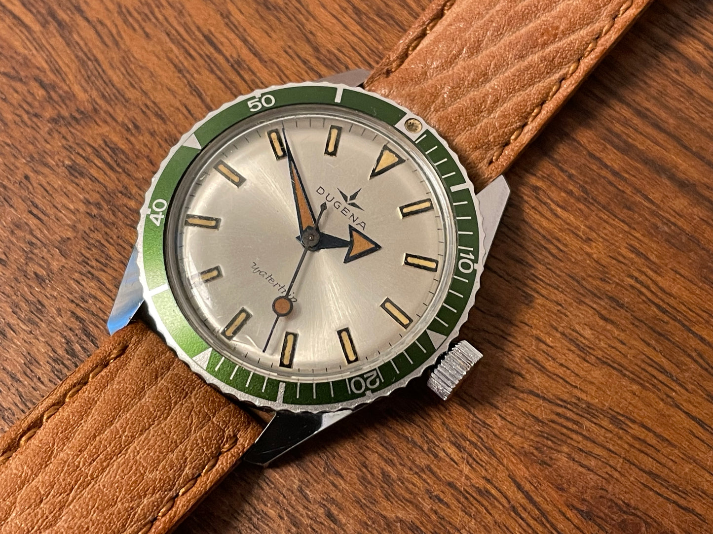 (1970s) Dugena Watertrip "Kermit" diver - green bezel - silver sunburst dial