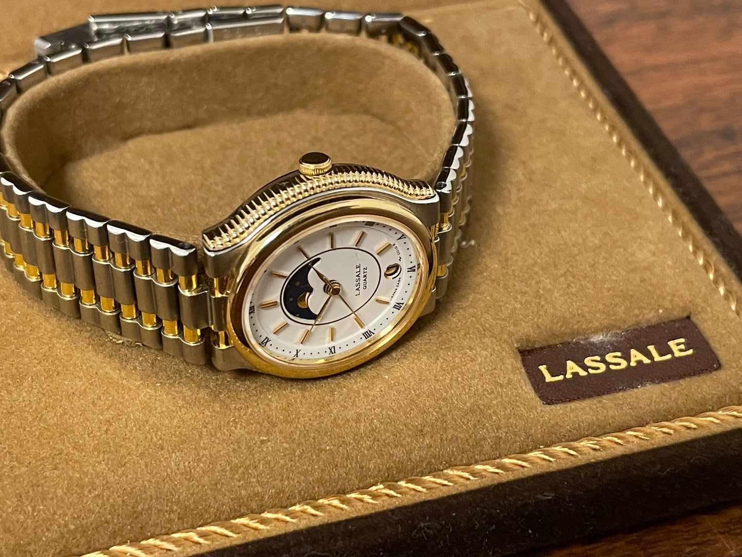 (1985) Lassale (by Seiko) 7454-5009 dress watch - white dial w/ moonphase complication (NOS)