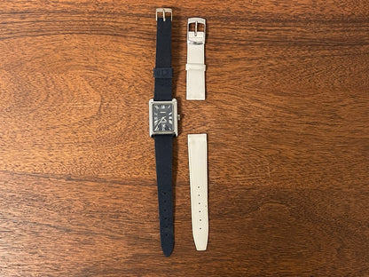 (1970s) Tissot 38808 Seven automatic "Tank" on strap - lavender abstract graphic dial w/ white Roman numerals (NOS)