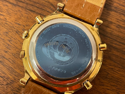 (1990) Seiko 7T36-7A10 Age of Discovery (AOD) chronograph - gold colored case - white dial w/ gold subdials & moonphase