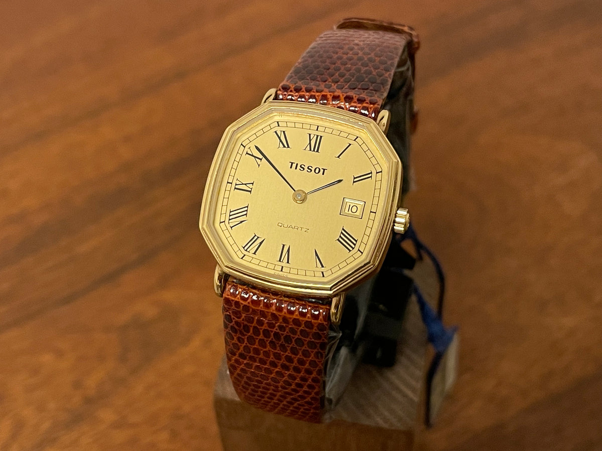 Front side (1980s) Tissot 642.40343/2 Stylist dress watch - gold octagon case - gold dial w/ Roman numerals (NOS)