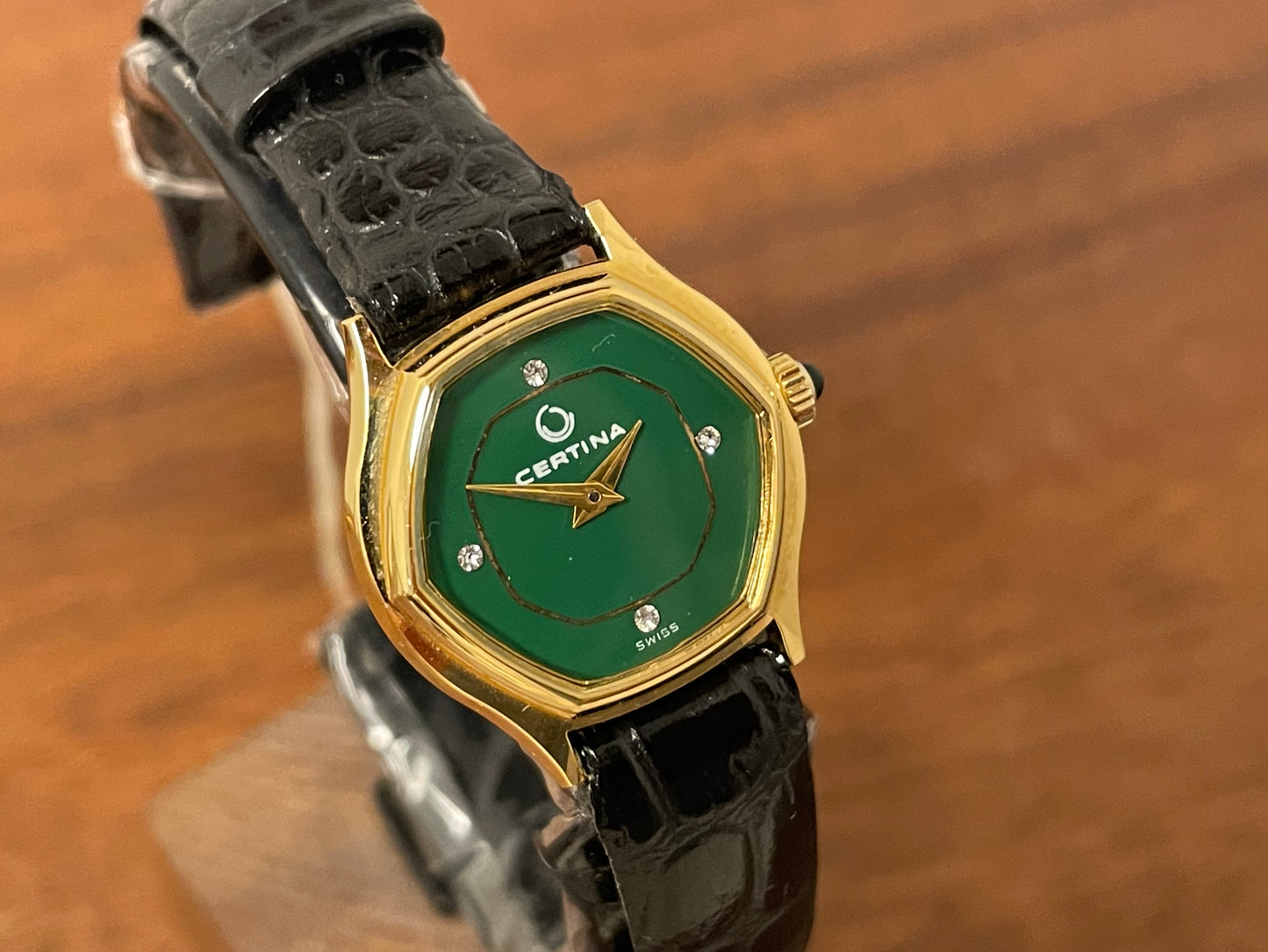(1970s) Certina 6797 dress watch - gold plated 10M case - green dial w/ diamond markers - small size (NOS)