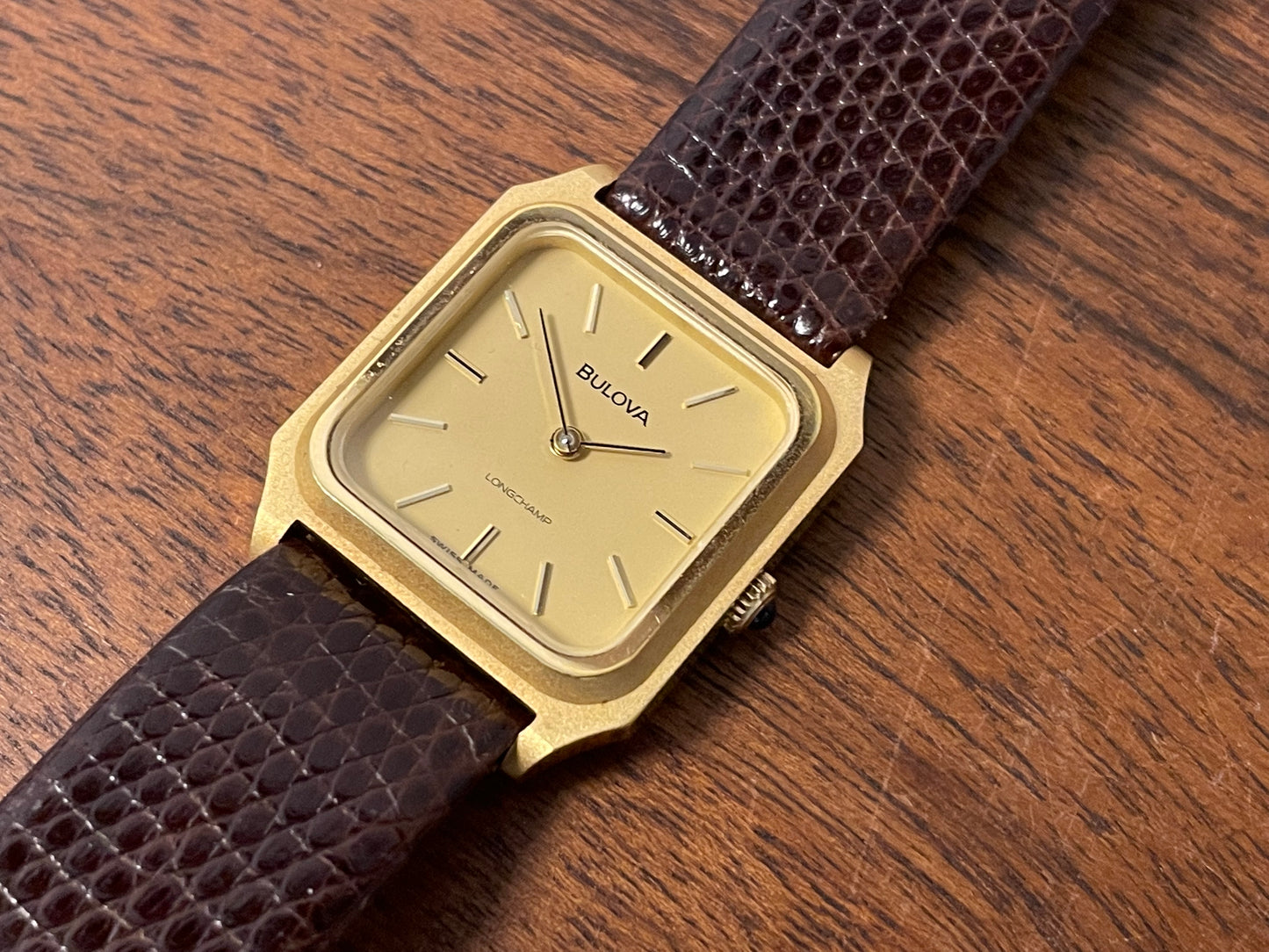 (1982) Bulova Longchamp "Tank" dress watch - gold case w/ champagne dial - small size (NOS)