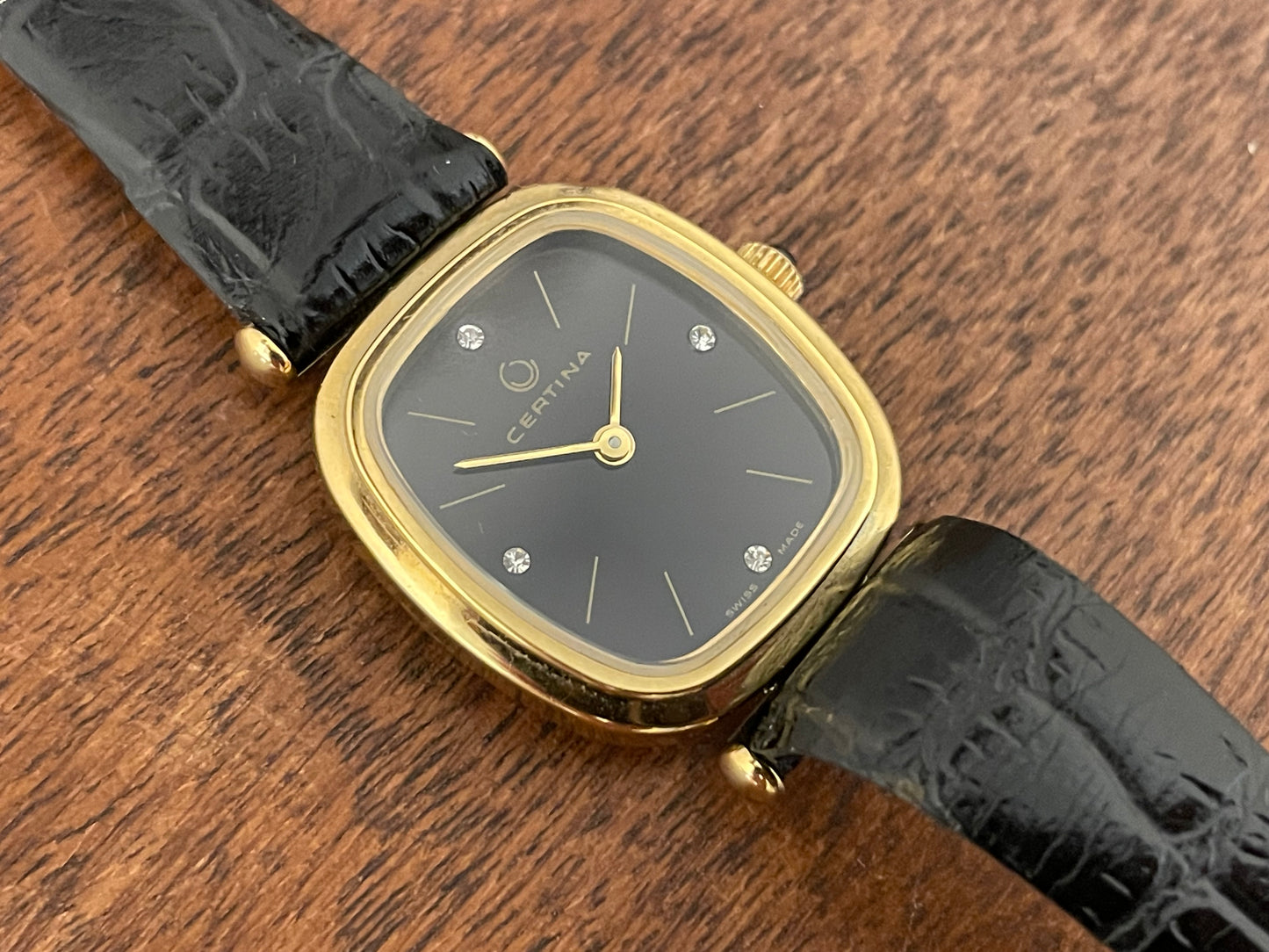 (1970s) Certina 706SP dress watch - gold plated case - black dial w/ diamond markers - small size (NOS)
