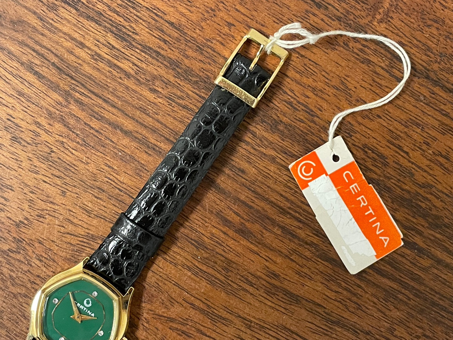 (1970s) Certina 6797 dress watch - gold plated 10M case - green dial w/ diamond markers - small size (NOS)