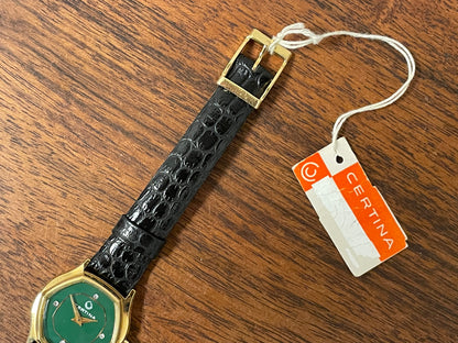(1970s) Certina 6797 dress watch - gold plated 10M case - green dial w/ diamond markers - small size (NOS)