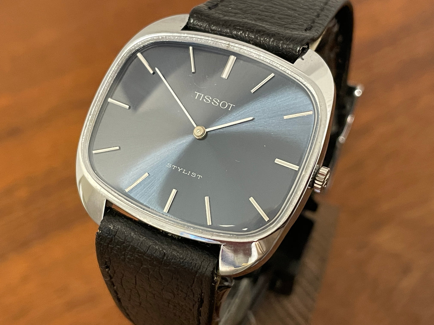 (1970s) Tissot 41436 Stylist dress watch - silver “tv case” - sunburst blue dial w/ silver stick markers (NOS)