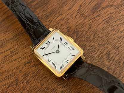 (1970s) Timex 527-201 "Tank" dress watch - gold case - white dial w/ Roman numerals - small size (NOS + Full set)