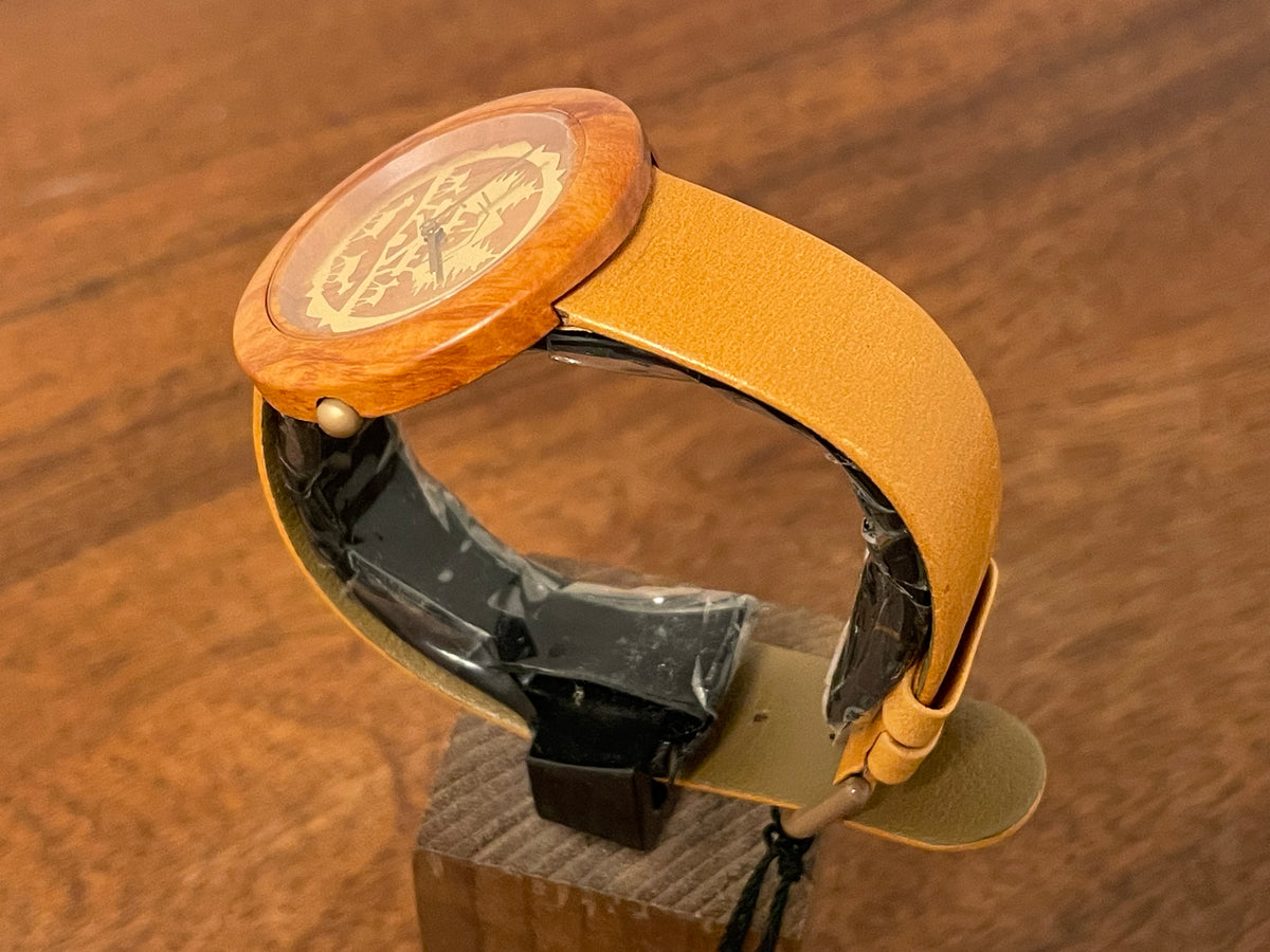 (1990s) Tissot WoodWatch W195 - Mediterranean Briar case & dial w/ gold colored inlay - forest cabin (NOS)