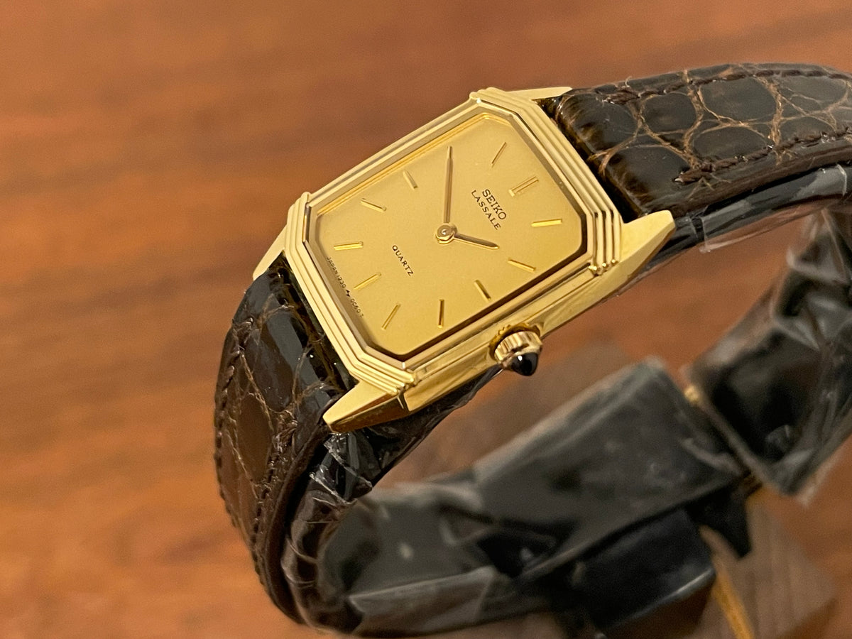 (1982) Seiko 1230-502H Lassale "Tank" dress watch - gold case - gold dial w/ gold stick markers - small size (NOS)