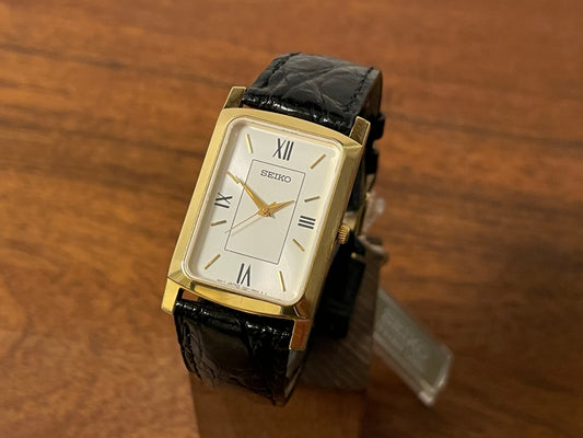 Front side Seiko 7N01-0BA8 18K gold collection "tank" - 18k solid gold case - white & cream dial (NOS + full set)