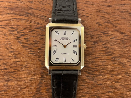 (1981) Seiko 6730-5079 Lassale ultra-thin "Tank" dress watch - white dial w/ black Roman numerals - small size (NOS)