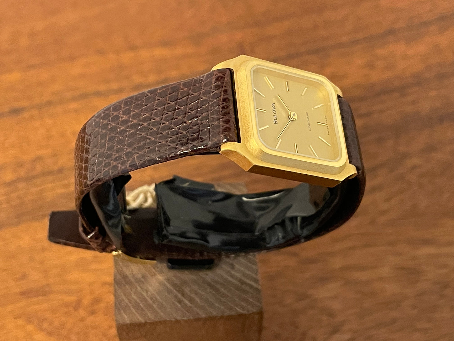 (1982) Bulova Longchamp "Tank" dress watch - gold case w/ champagne dial - small size (NOS)