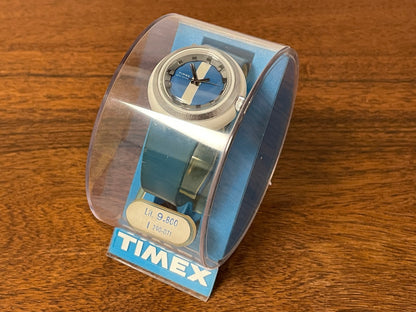 (1970s) Timex 290-181 UFO - white plastic case - blue & white dial w/ silver markers - small size (NOS + full set)