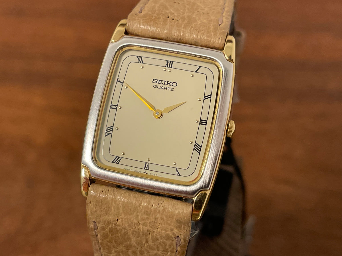 (1995) Seiko 5P30-5020 quartz "Tank" dress watch - bi-color case - beige dial w/ Roman numerals (NOS)