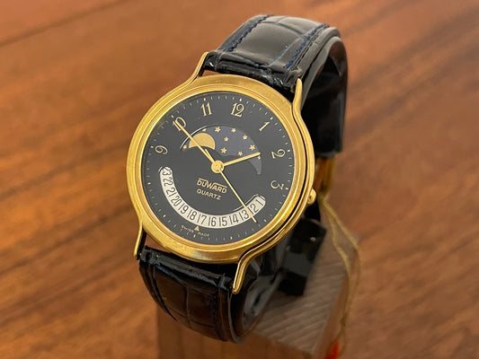 Front view 1980s/1990s Duward 66052 dress watch - dark blue dial w/ moon phase complication (NOS)