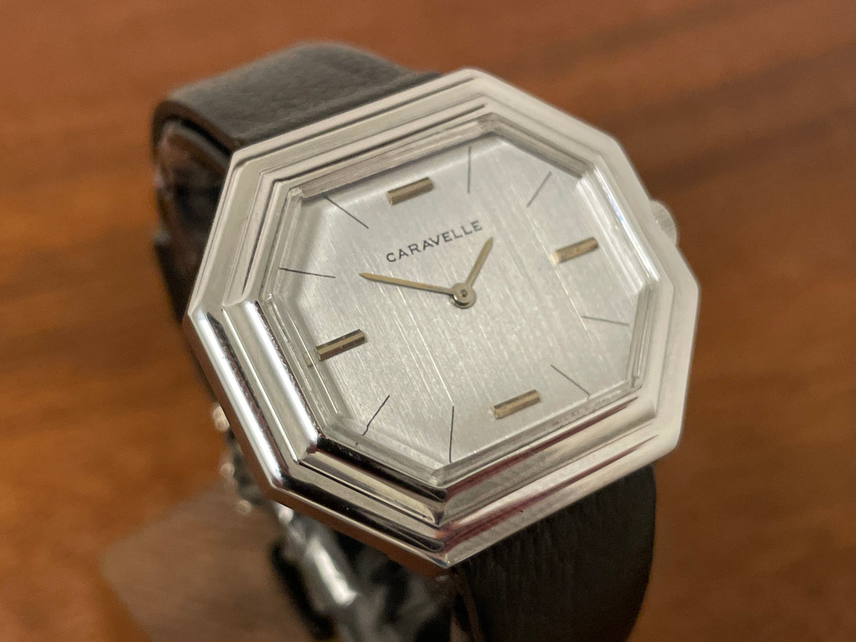 (1974) Caravelle dress watch - octagon case - brushed silver dial w/ stick markers (mint)