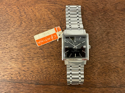 (1960s) Certina 5301.115 Town & Country - bracelet - square case - black dial w/ silver markers (NOS)