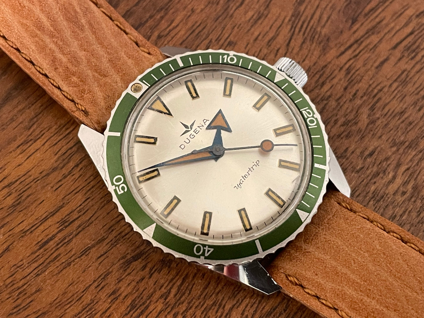 (1970s) Dugena Watertrip "Kermit" diver - green bezel - silver sunburst dial
