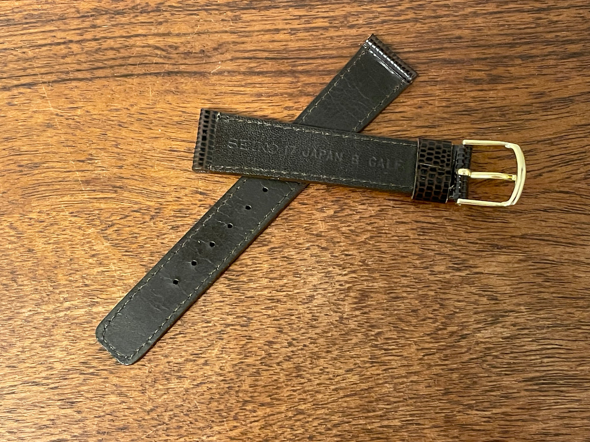 17mm Seiko brown Lizzard print calf leather w/ gold buckle - vintage (NOS)