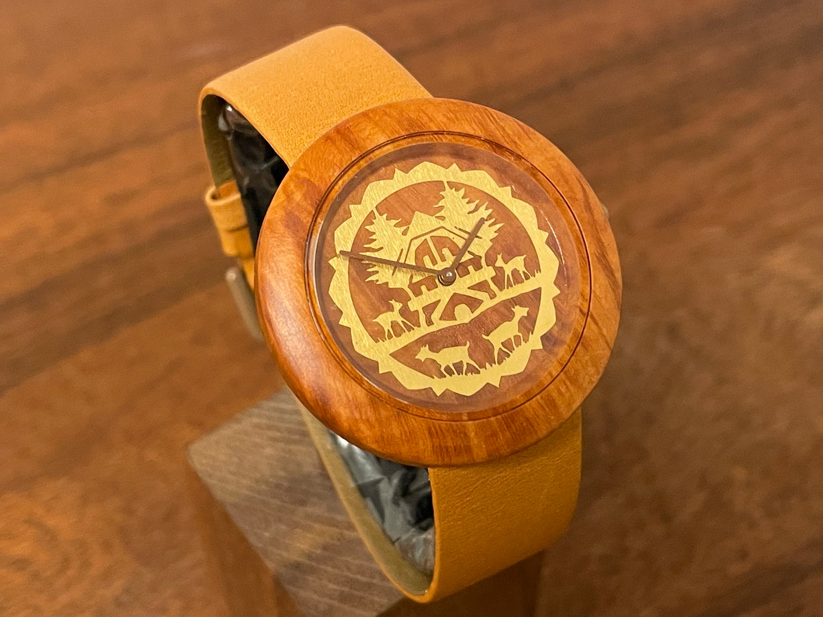 (1990s) Tissot WoodWatch W195 - Mediterranean Briar case & dial w/ gold colored inlay - forest cabin (NOS)