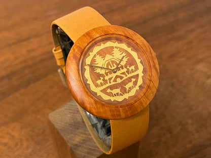 (1990s) Tissot WoodWatch W195 - Mediterranean Briar case & dial w/ gold colored inlay - forest cabin (NOS)