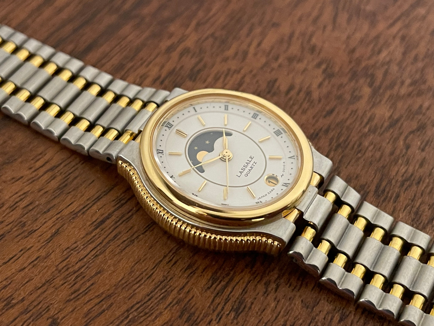 (1985) Lassale (by Seiko) 7454-5009 dress watch - white dial w/ moonphase complication (NOS)