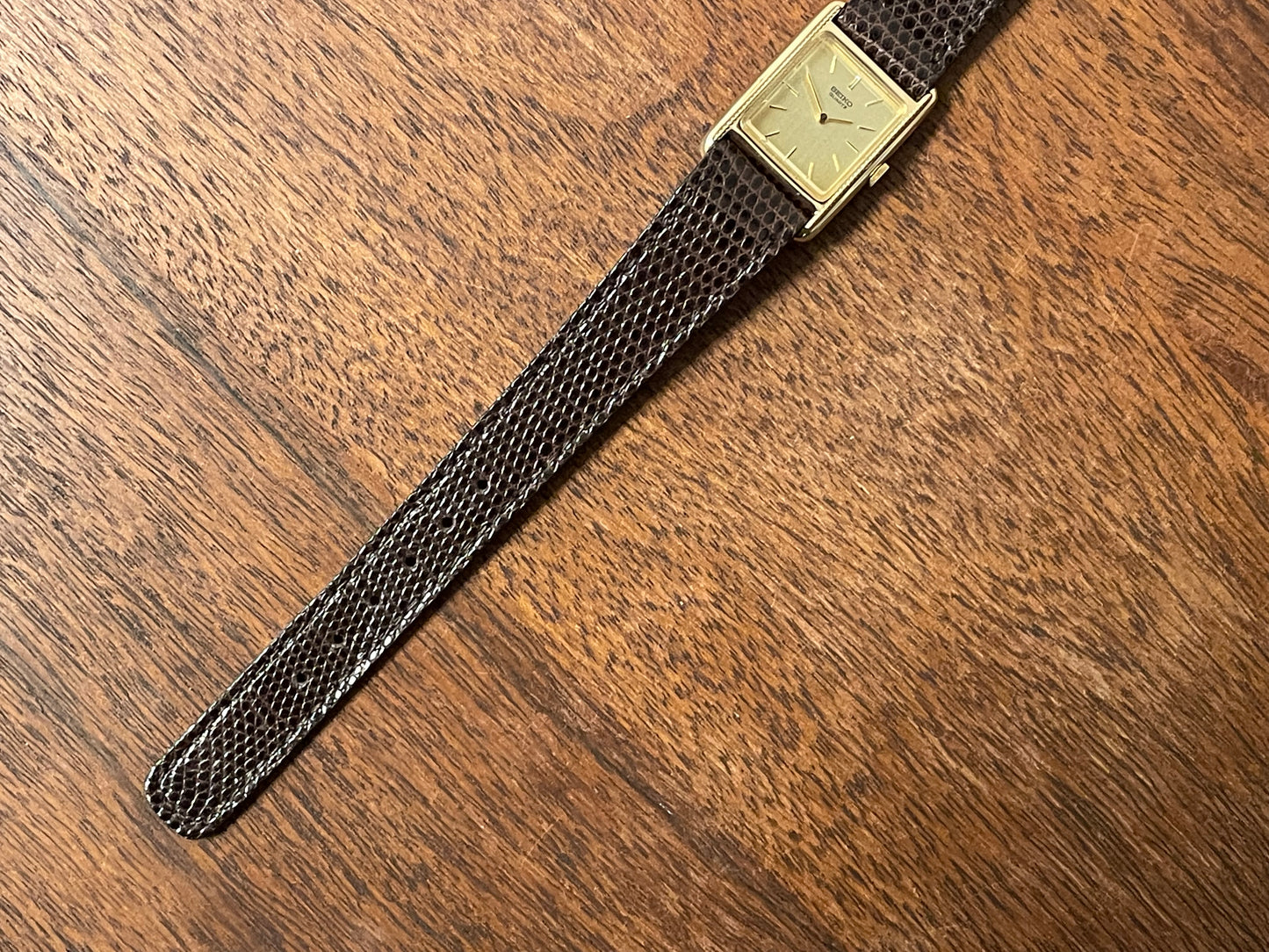 (1982) Seiko 5420-5100 "Tank" dress watch - brushed gold dial w/ gold markers - small size (NOS)