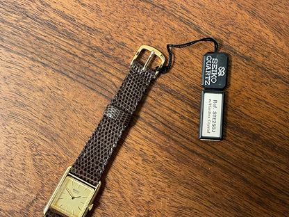 (1982) Seiko 5420-5100 "Tank" dress watch - brushed gold dial w/ gold markers - small size (NOS)